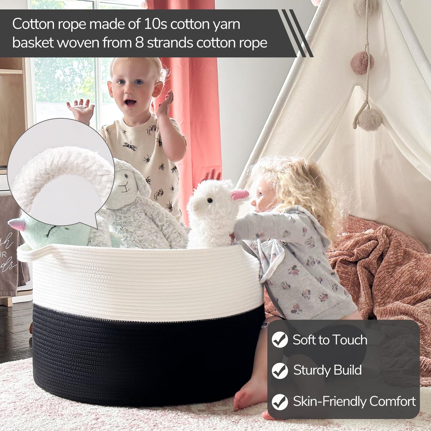 INDRESSME XXXLarge Cotton Rope Basket 21.7" x 21.7" x 13.8" Woven Baby Laundry Blanket Basket Toy Baskets with Handle Storage Comforter Cushions Thread Laundry Hamper