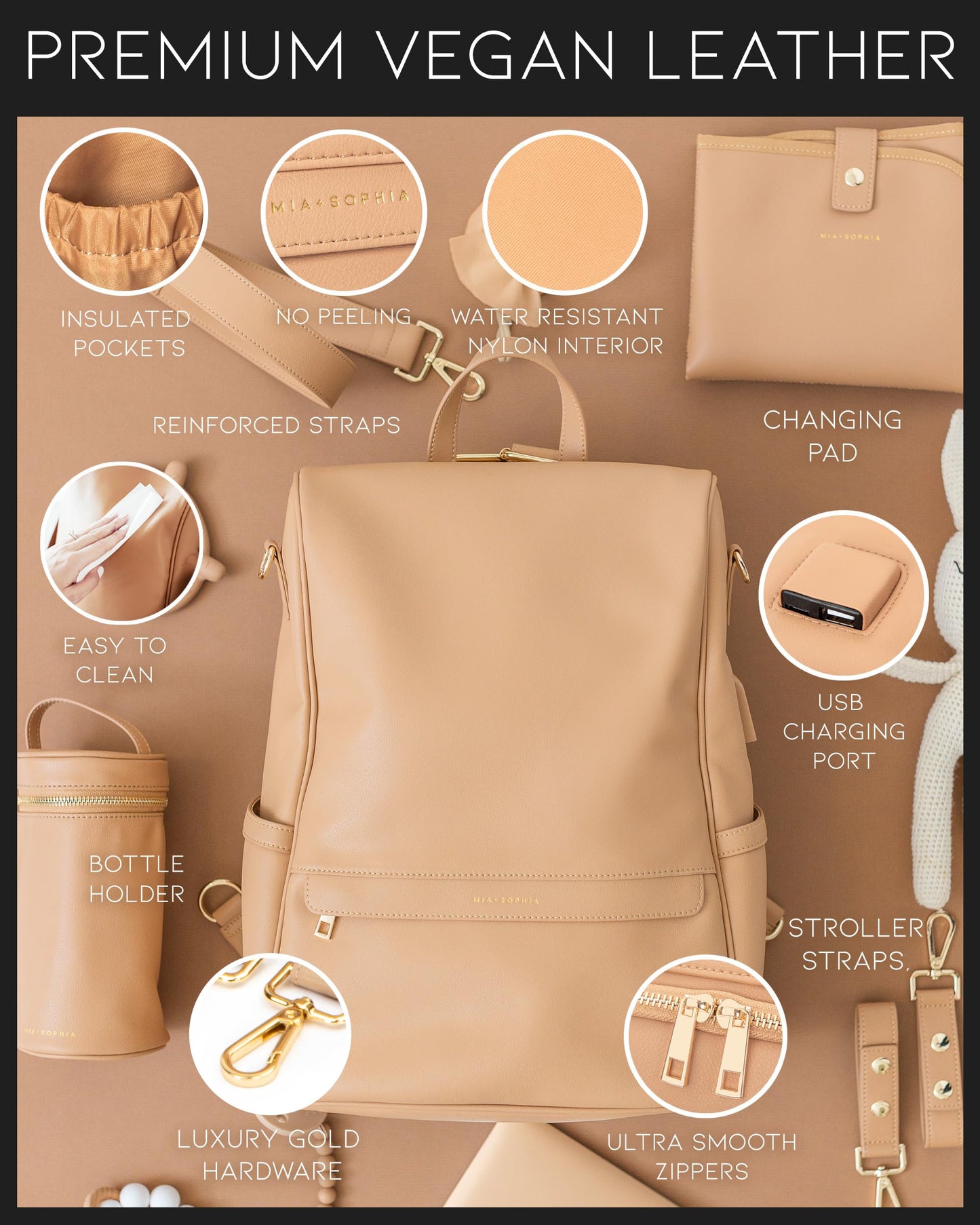 Leather Diaper Bag Backpack with USB Charging port, Changing Pad, Stroller Straps, and Bottle Holder (Brown Olivia)