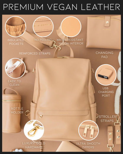 Leather Diaper Bag Backpack with USB Charging port, Changing Pad, Stroller Straps, and Bottle Holder (Brown Olivia)