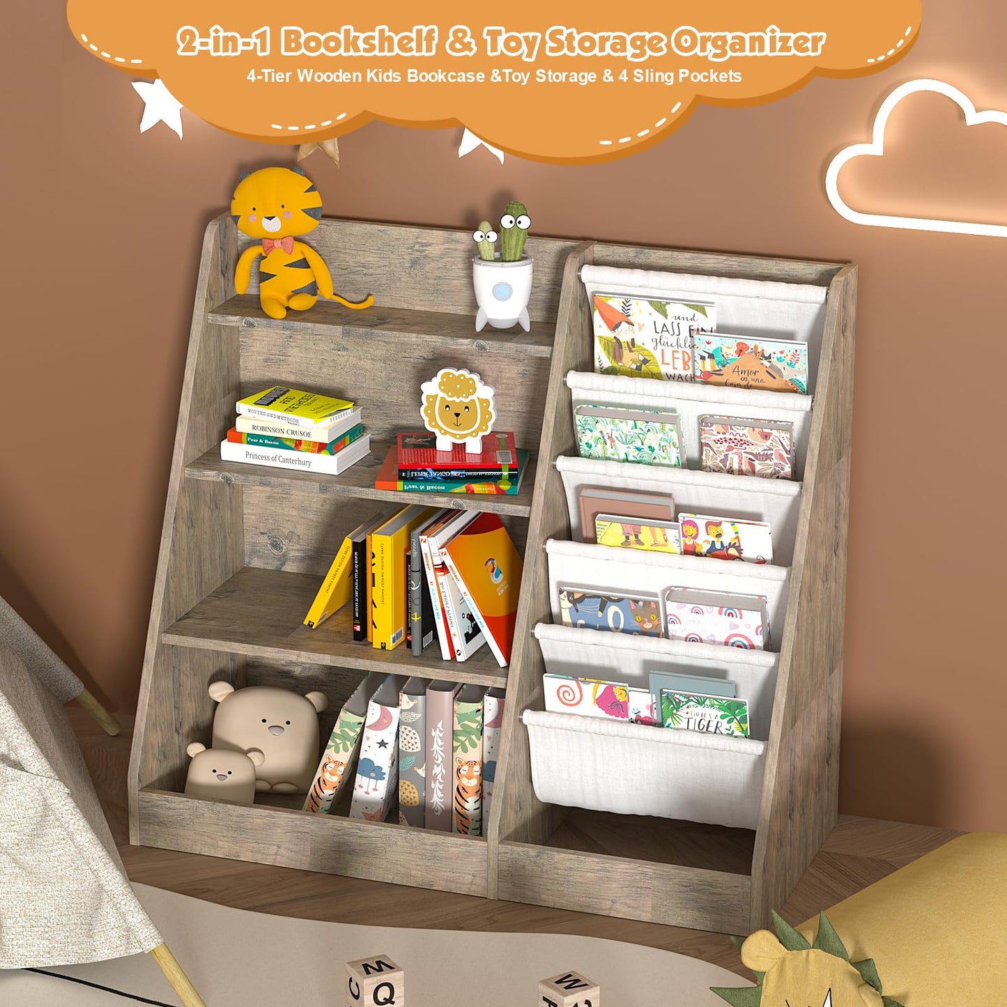 White Kids Bookshelf Wood Toy Storage Organizer Cabinet Children Bookcase Toddler Baby Sling Book Rack 3 Cube Bins Fabric Drawers for Playroom Bedroom Nursery School
