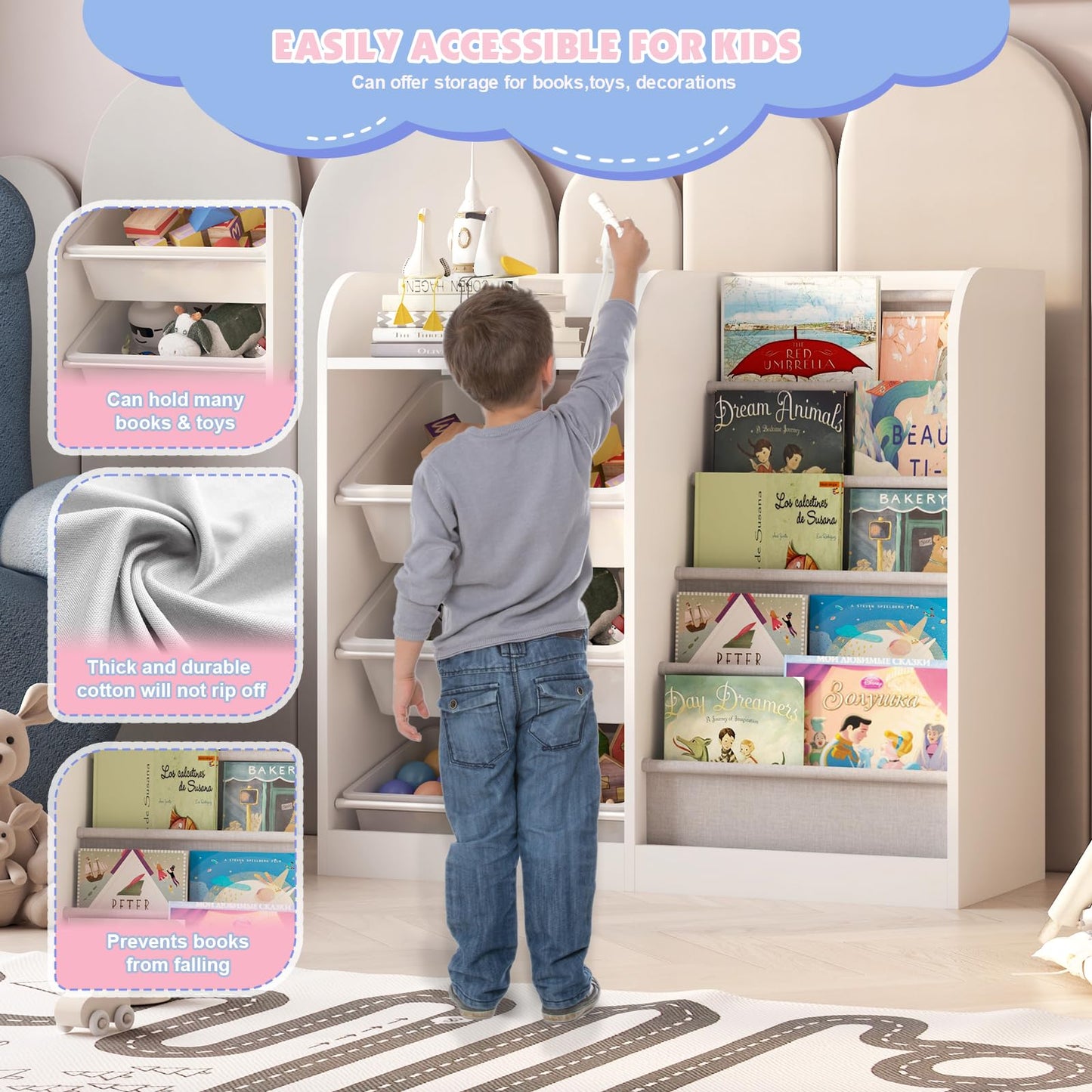 White Kids Bookshelf Wood Toy Storage Organizer Cabinet Children Bookcase Toddler Baby Sling Book Rack 3 Cube Bins Fabric Drawers for Playroom Bedroom Nursery School