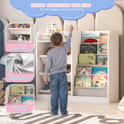 White Kids Bookshelf Wood Toy Storage Organizer Cabinet Children Bookcase Toddler Baby Sling Book Rack 3 Cube Bins Fabric Drawers for Playroom Bedroom Nursery School