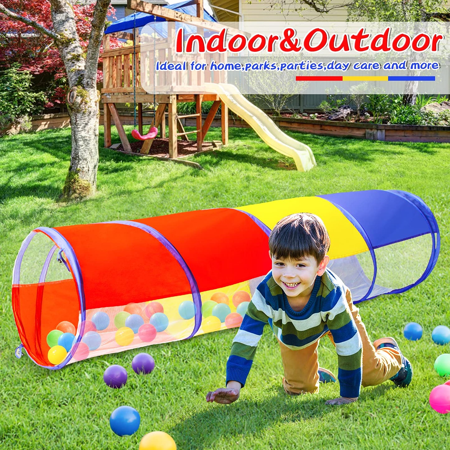 PigPigPen Pop Up Play Tunnel Tent for Toddlers Babies or Dogs, Indoor & Outdoor Toys for Kids Backyard Playset. (Red,Yellow,Blue)