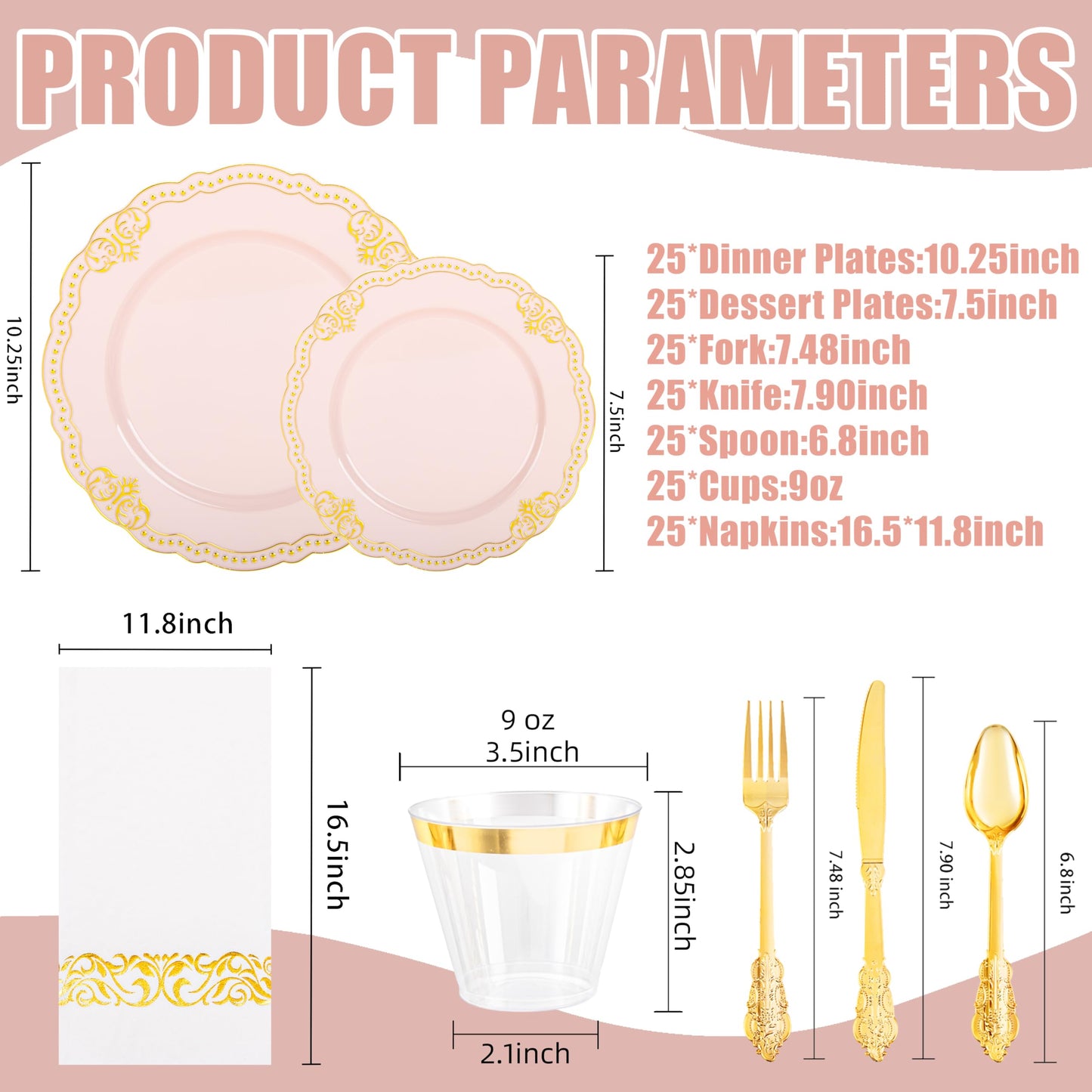 Ciaell 175 PCS White and Gold Plastic Plates - Fancy Gold Disposable Dinnerware Set with of 25 Dinner Plates, 25 Salad Plates, 25 Knives, 25 Forks, 25 Spoons, 25 Cups, 25 Napkins for Weddings Party