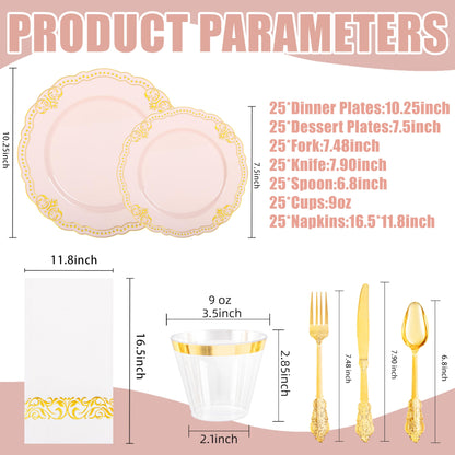 Ciaell 175 PCS White and Gold Plastic Plates - Fancy Gold Disposable Dinnerware Set with of 25 Dinner Plates, 25 Salad Plates, 25 Knives, 25 Forks, 25 Spoons, 25 Cups, 25 Napkins for Weddings Party