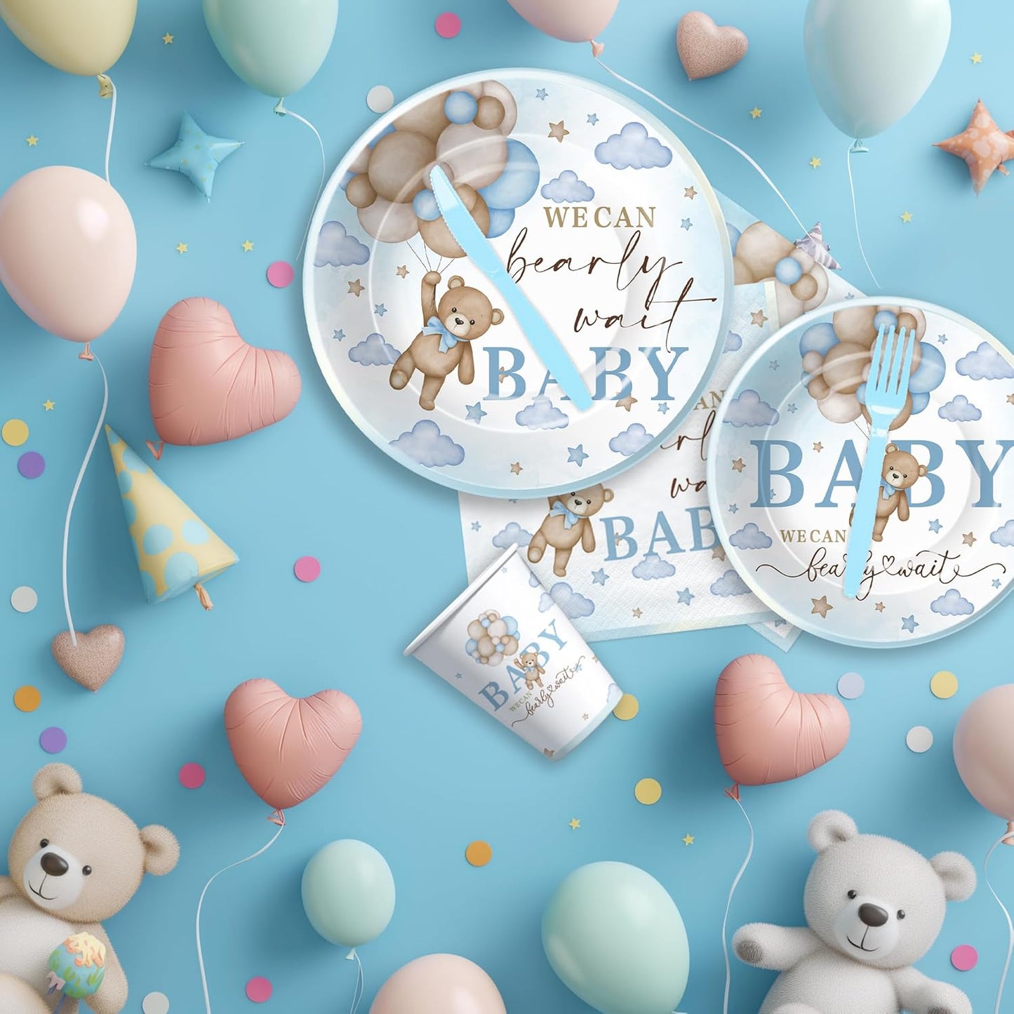 Bear Baby Shower Decorations Party Tableware Boy - Blue Bear We Can Bearly Wait Baby Shower Decorations Supplies, Paper Plates and Napkins Set, Cup, Disposable Forks, 24 Guests