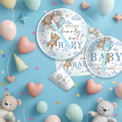Bear Baby Shower Decorations Party Tableware Boy - Blue Bear We Can Bearly Wait Baby Shower Decorations Supplies, Paper Plates and Napkins Set, Cup, Disposable Forks, 24 Guests