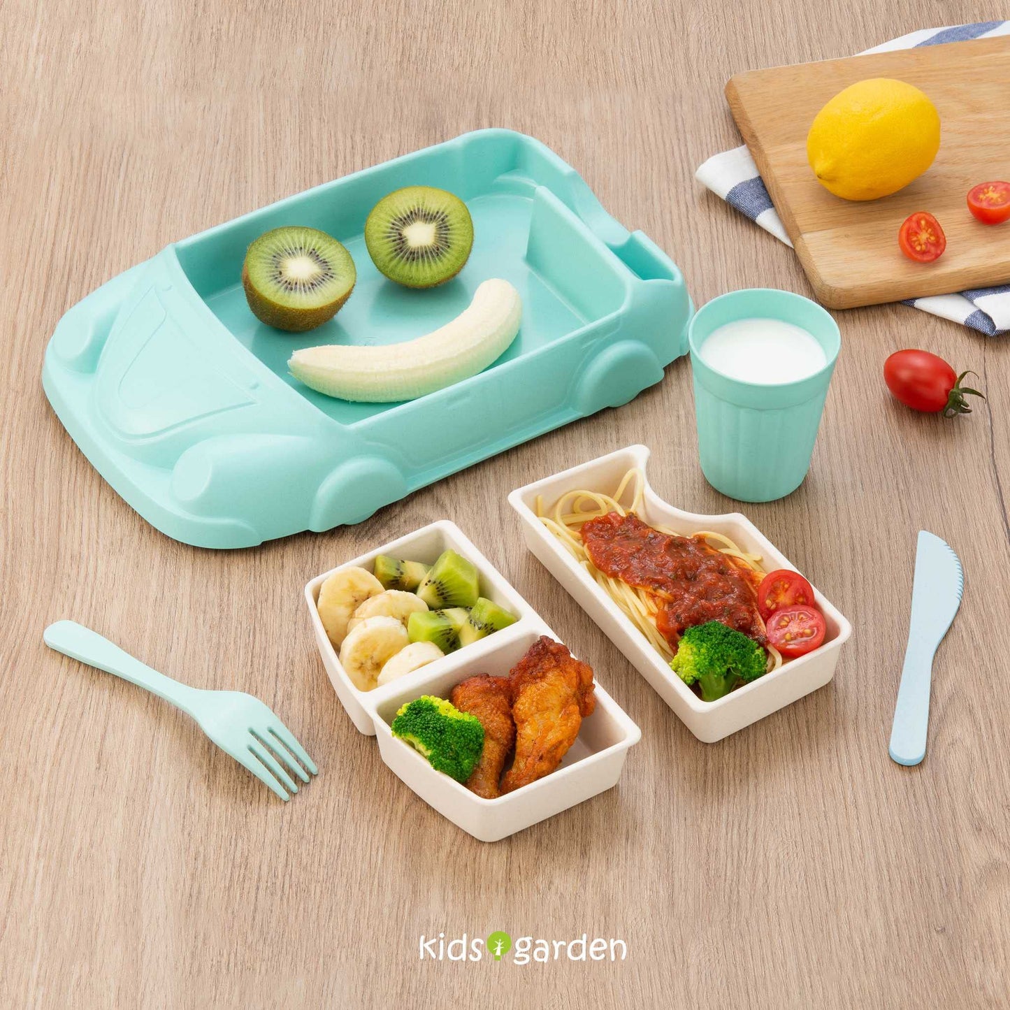 Car Plate 8Pcs/Set Bamboo Children Dinnerware Sets - Dishwasher/Microwave Safe Includes Cutlery, Beautiful Plate, Separable Bowls & Cup Happy MealTime, Light Green, YK-001