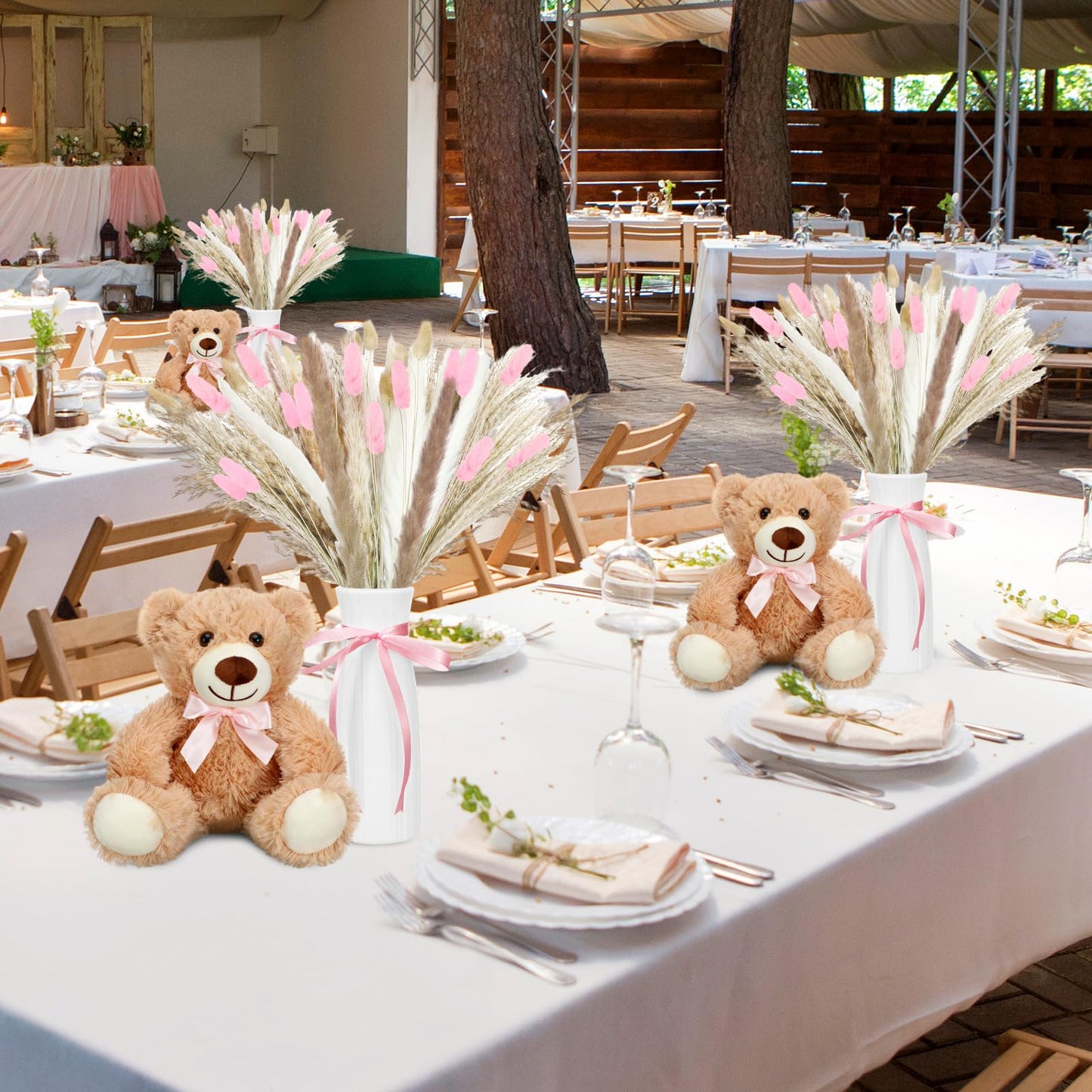 6 Sets 123 Pcs Baby Shower Table Centerpieces Dried Pampas Decor Bear Stuffed Ceramic Look Plastic Vase with Bow for Boho Wedding Bridal Shower Flowers Table Decorations(Brown,Neutral)
