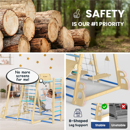 Upgraded Indoor Playground 9-in-1 Jungle Gym Kids Climbing Toys, Montessori Philosophy Waldorf Style Wooden Climber Playset with Slide, Swing, Monkey Bars, Upright/Rope Ladder, Climb Net, Rainbow