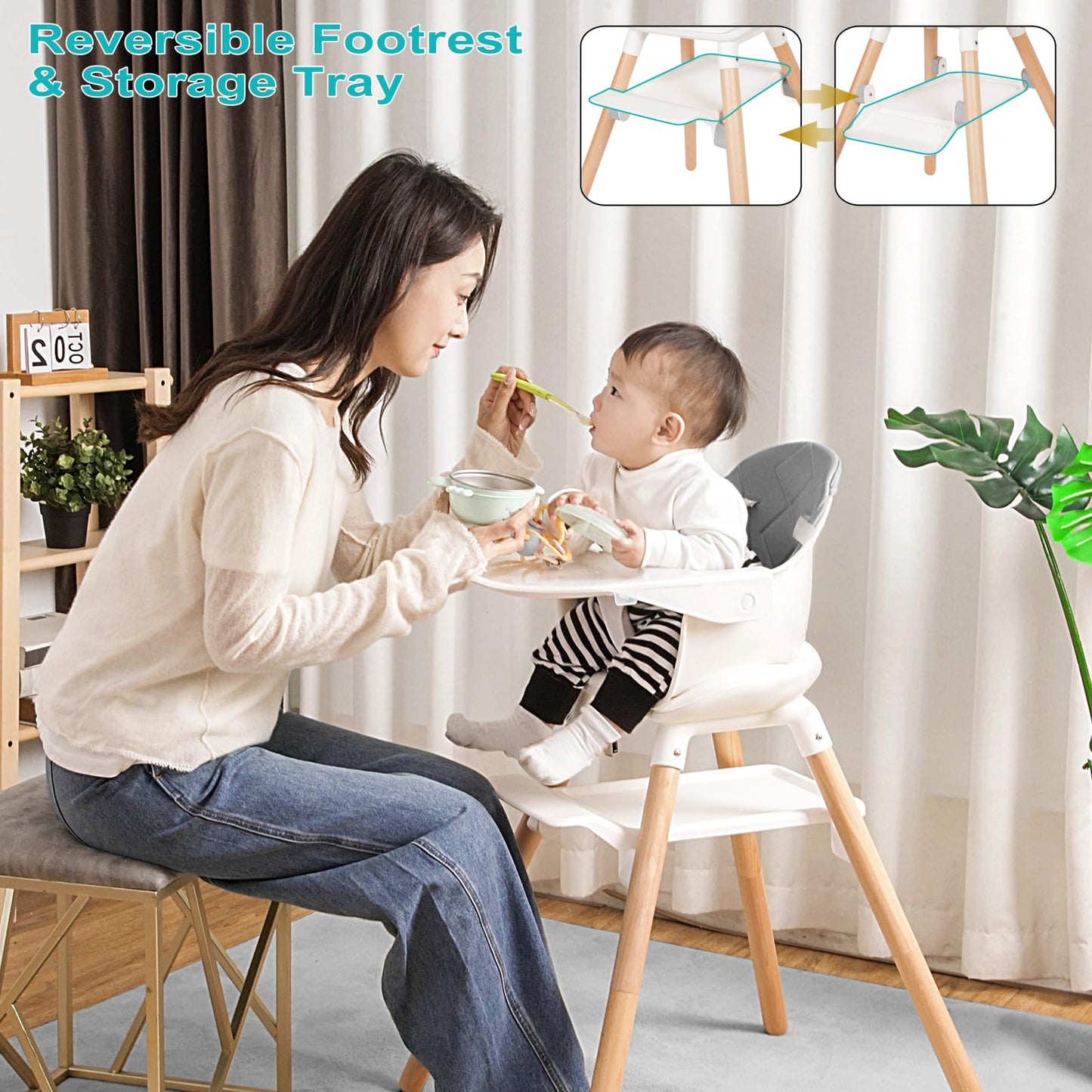 Baby High Chair, 6 in 1 Wooden Convertible High Chairs for Babies and Toddlers, Booster Seat with Double Tray & Reversible Footrest, 5-Point Harness Infants Feeding Seat, Black