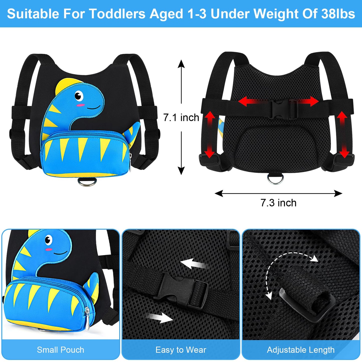 Accmor Toddler Harness with Leash, Cute Dinosaur Kids Harness + Anti Lost Wrist Link, Mini Child Harness Leash Wristband Strap Belt Protector for Baby Boys Girls to Outdoor Travel (Blue)