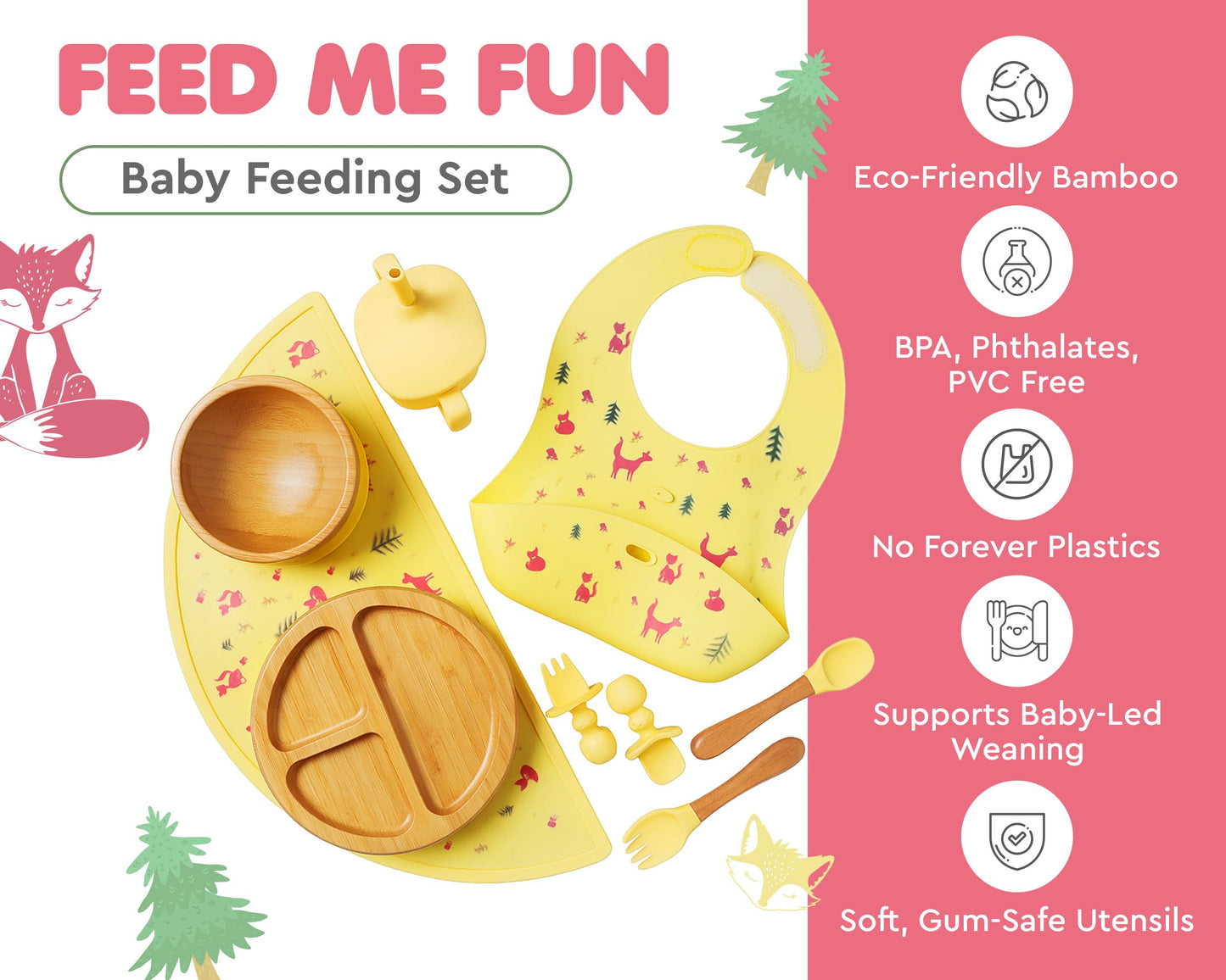 Bamboo Baby Feeding Set for Infants & Toddlers - Baby Essentials, Non-Toxic, Sustainable, Bamboo Suction Plate & Bowl, Bib, Sippy Cup w/Lid & Straw, Daily Use, Travel, Baby Shower Gifts (Pink)