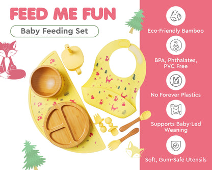 Bamboo Baby Feeding Set for Infants & Toddlers - Baby Essentials, Non-Toxic, Sustainable, Bamboo Suction Plate & Bowl, Bib, Sippy Cup w/Lid & Straw, Daily Use, Travel, Baby Shower Gifts (Pink)