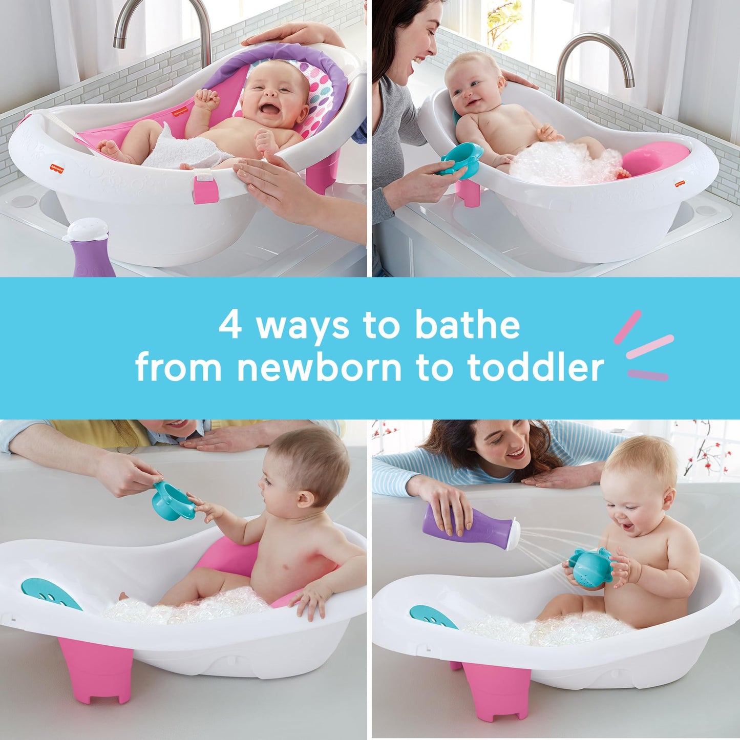 Fisher-Price Baby to Toddler Bath 4-in-1 Sling ‘n Seat Tub with Removable Infant Support and 2 Toys, Climbing Leaves