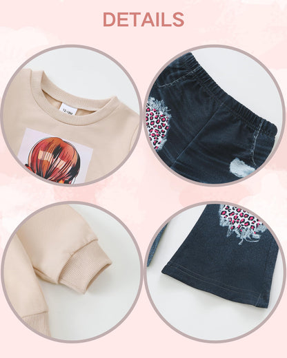 Renotemy Toddler Baby Girl Clothes Fall Winter Outfits Gifts Sweatshirt Bell Bottom Jeans Pants for 12Months-5 Year Girls