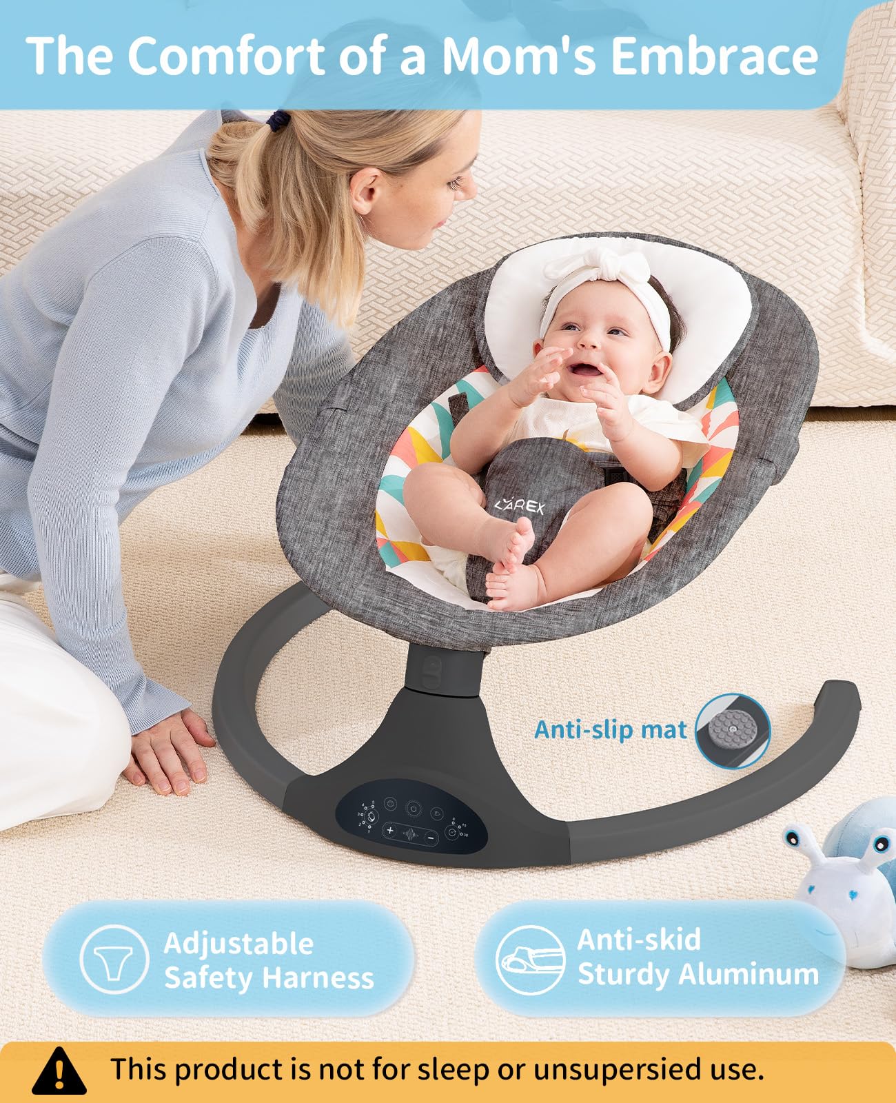 LAREX Baby Swings Electric Baby Swing Bluetooth Infant Swing Portable Rocker with 5 Speeds, 1 Seat Position, Remote Control, Grey