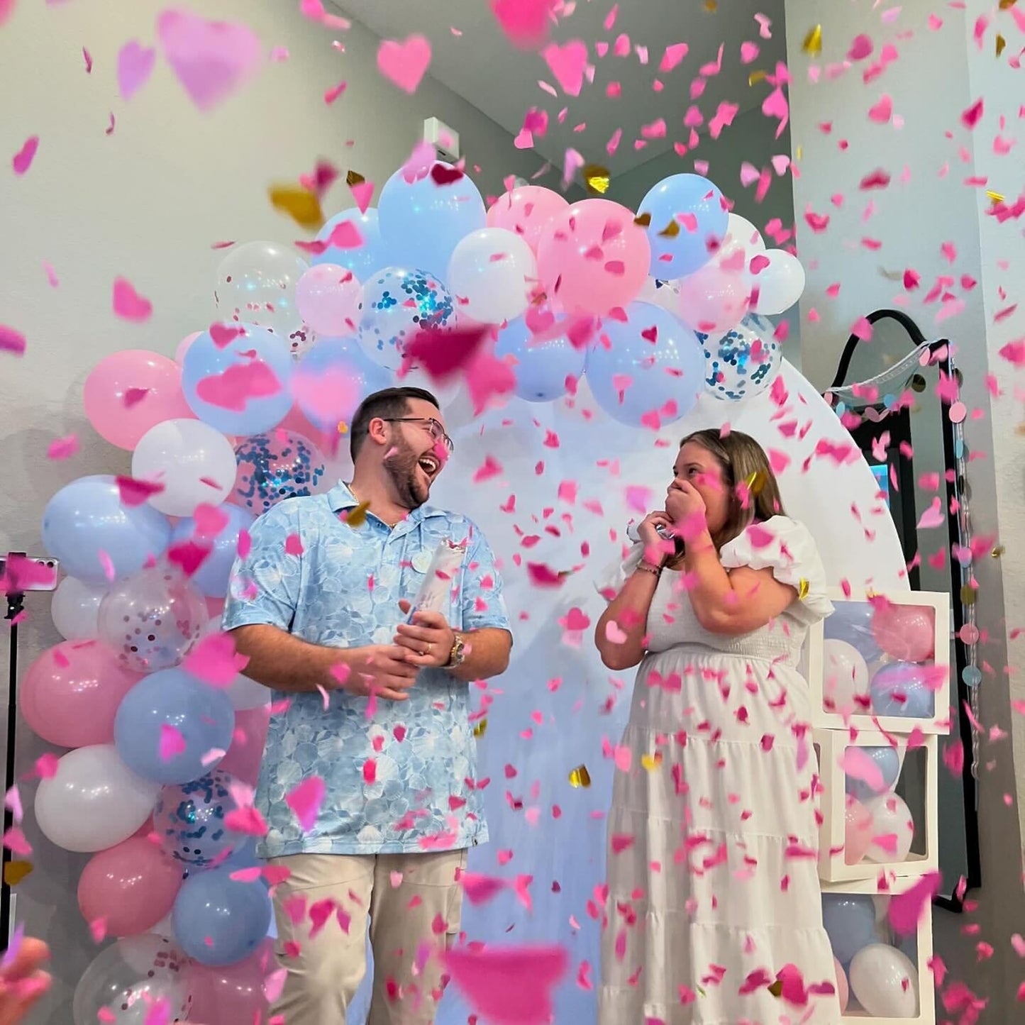 PrimePure Gender Reveal Confetti Cannon - Heart Shaped Confetti Poppers - Blue 2 Pack - Baby Boy Gender Reveal Party Poppers Party Cannons Shooter Blaster