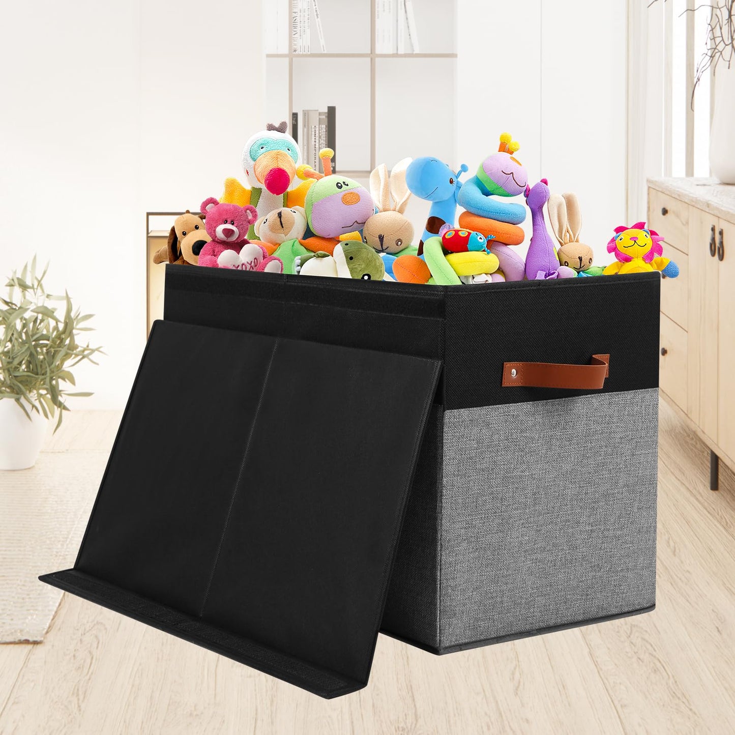 Large Toy Storage Box with Lid, Sturdy Toys Storage Chest Bin Organizer Basket with Dividers for Kids, Boys, Girls, Nursery, Closet, Bedroom, Playroom 25"x13" x16" (Beige and White)