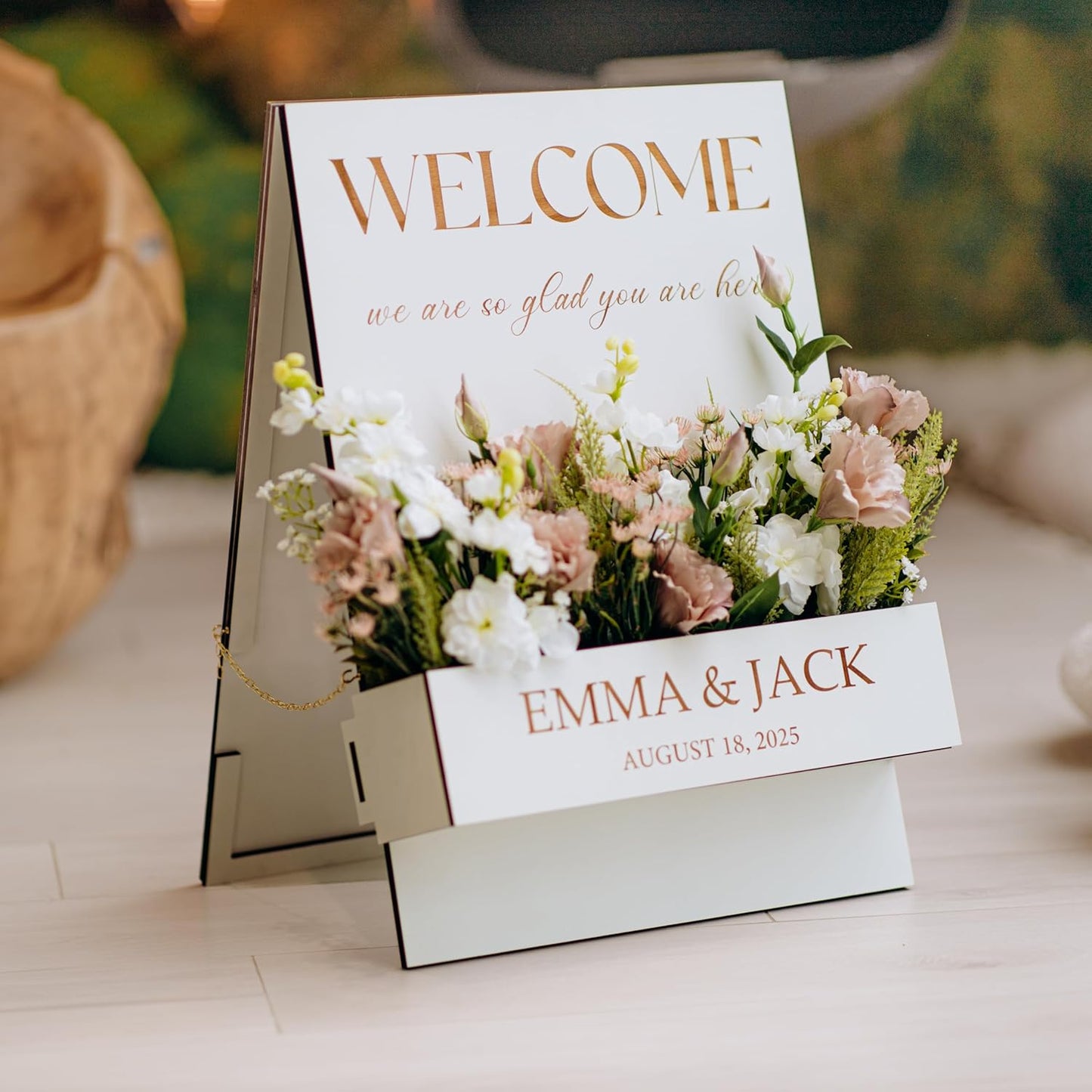 Personalized Event Welcome Sign | Personalized Wedding Welcome Sign with Flower Box – Custom Wooden Sign for Wedding, Baby or Bridal Shower, Rustic Floral Welcome Decor | Wooden Wedding Welcome Sign