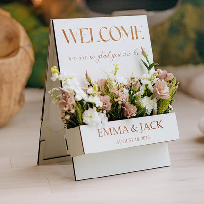 Personalized Event Welcome Sign | Personalized Wedding Welcome Sign with Flower Box – Custom Wooden Sign for Wedding, Baby or Bridal Shower, Rustic Floral Welcome Decor | Wooden Wedding Welcome Sign