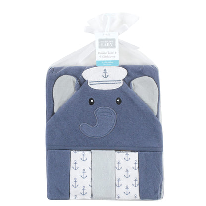Hudson Baby Unisex Baby Hooded Towel and Five Washcloths, Modern Giraffe, One Size