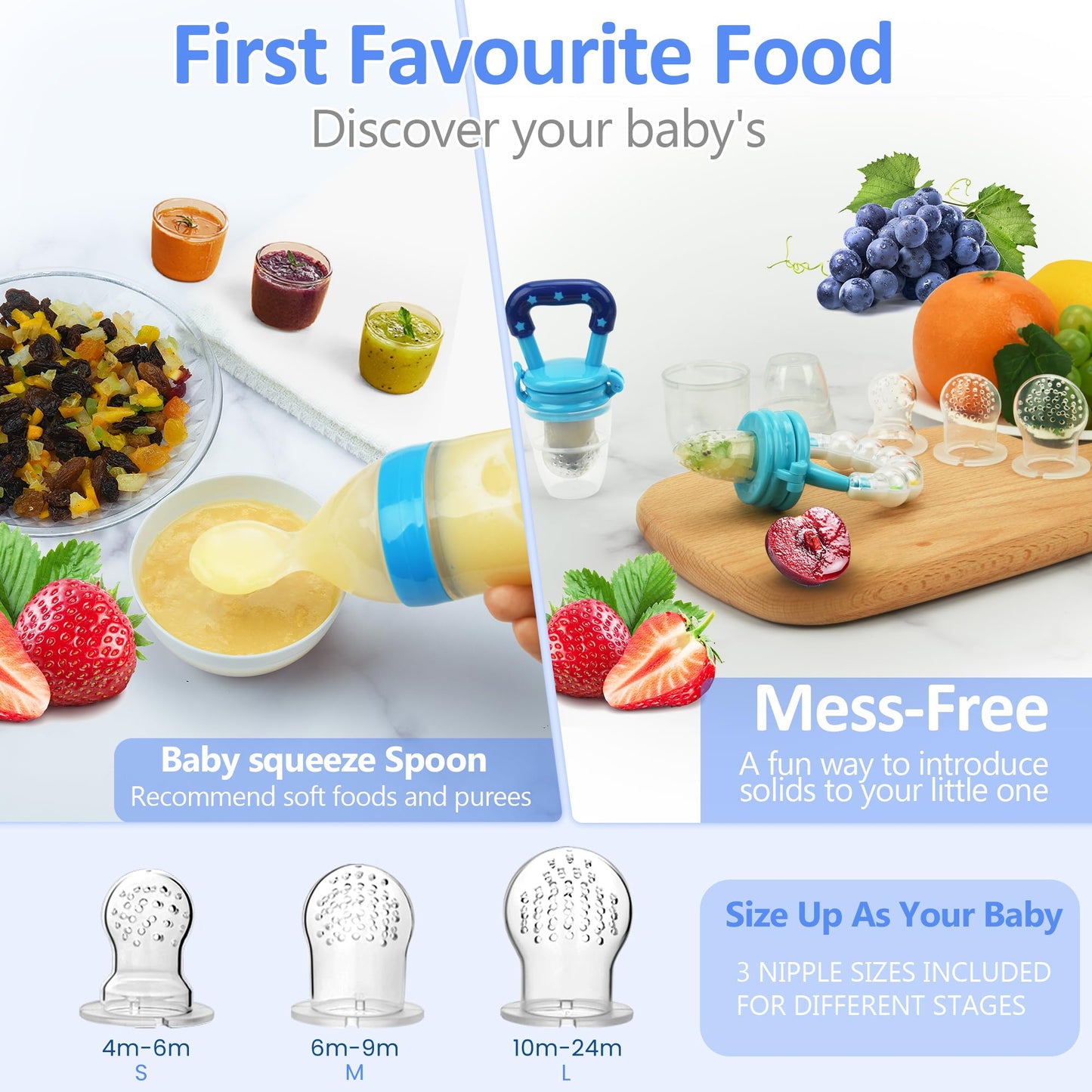 Food Feeder for Baby, Fruit Feeder Pacifier (3 Pcs) with 6 Different Sized Silicone Pacifiers 1 PCS Silicone Baby Food Dispensing Spoon 90ML with 1 PC Baby Spoons 1 PC Pacifier Clip Baby Feeding Set