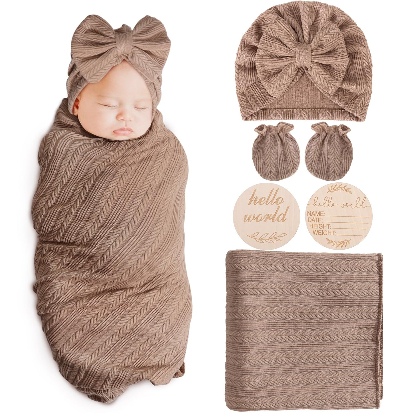 Newborn Receiving Blanket with Bow Hat Mittens Wooden Card Set Wheat-Pattern Newborns Toddler Baby Boy Girl Nursery Swaddle Wrap