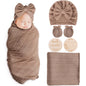 Newborn Receiving Blanket with Bow Hat Mittens Wooden Card Set Wheat-Pattern Newborns Toddler Baby Boy Girl Nursery Swaddle Wrap