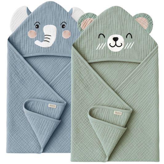 Konssy 2-Pack Muslin Baby Hooded Towels, Soft Cotton and Absorbent Baby Bath Towels for Newborn, Infant & Toddler with Animal Hooded Design (Bunny & Deer)