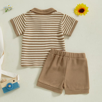 Kuriozud Newborn Baby Boy Summer Clothes Button Short Sleeve Romper Bodysuit Shorts Set Toddler Soft Waffle Outfit