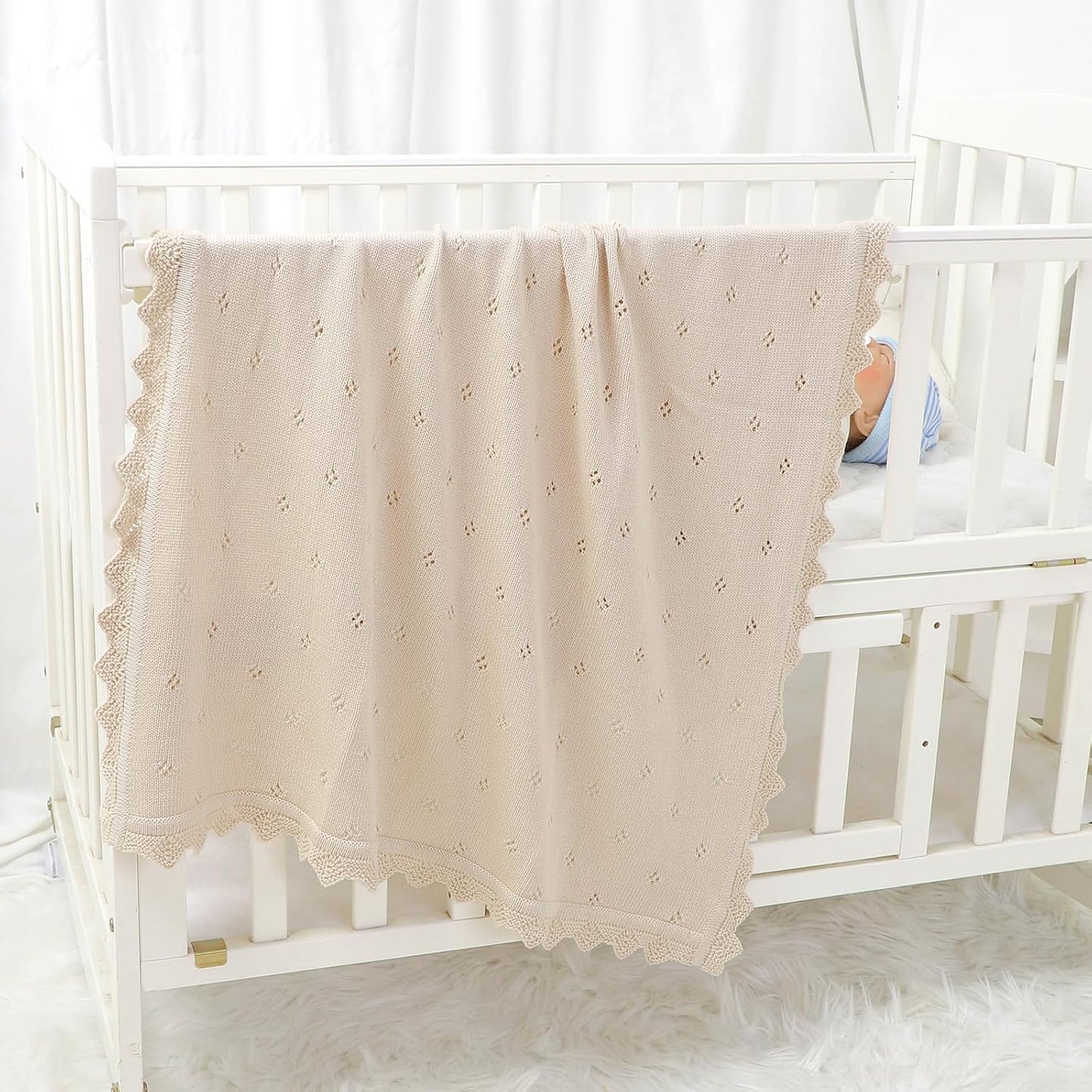 mimixiong Cotton Baby Blanket Knitted Crochet Receiving Crib Nursery Swaddling Blankets for Newborn Baby Boy Girl Off White 30x40 Inch