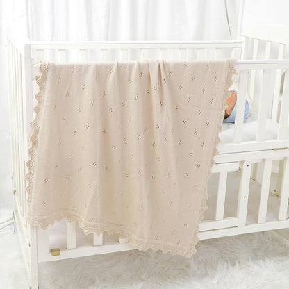 mimixiong Cotton Baby Blanket Knitted Crochet Receiving Crib Nursery Swaddling Blankets for Newborn Baby Boy Girl Off White 30x40 Inch