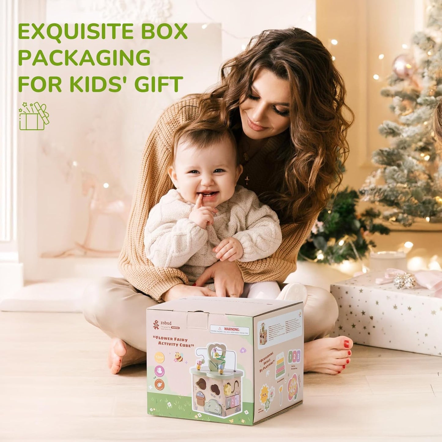 ROBUD Wooden Activity Cube, Educational Wooden Toys with 7 Functional Areas, Montessori Toys for 1+ Year Old Boys & Girls, Flower Bush Theme