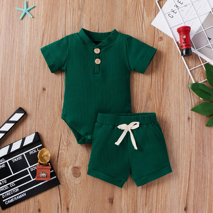 Newborn Baby Boy Girl Clothes 3 6 9 12 18 Months Ribbed Knit Short Sleeve Romper Shorts Set Infant Summer Outfits