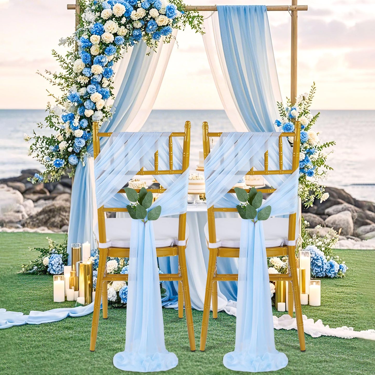 QueenDream Light Blue Sashes Chair Aisle Decorations: 24 Pack Baby Shower Chair Cover 8FT Long Tulle Draping Fabric Wedding Reception Church