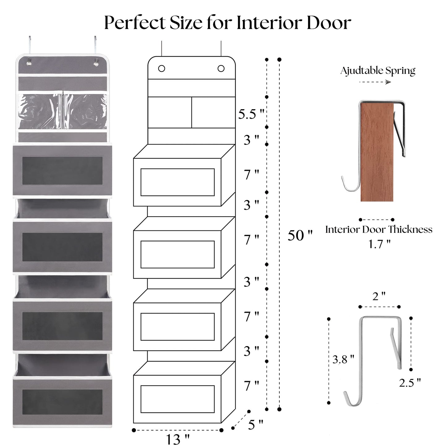 Over Door Organizer with 4 Large Capacity Pockets, Hanging Organizer Storage for Closet Bathroom Nursery Bedroom Dorm, Toys Cosmetics Sundries and Baby Essentials, Gray