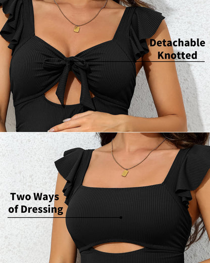 Charmo Ruffle Maternity Bathing Suits for Women Ribbed Tie Knot Maternity Swimsuit Cutout Ruched Pregnancy Swimwear
