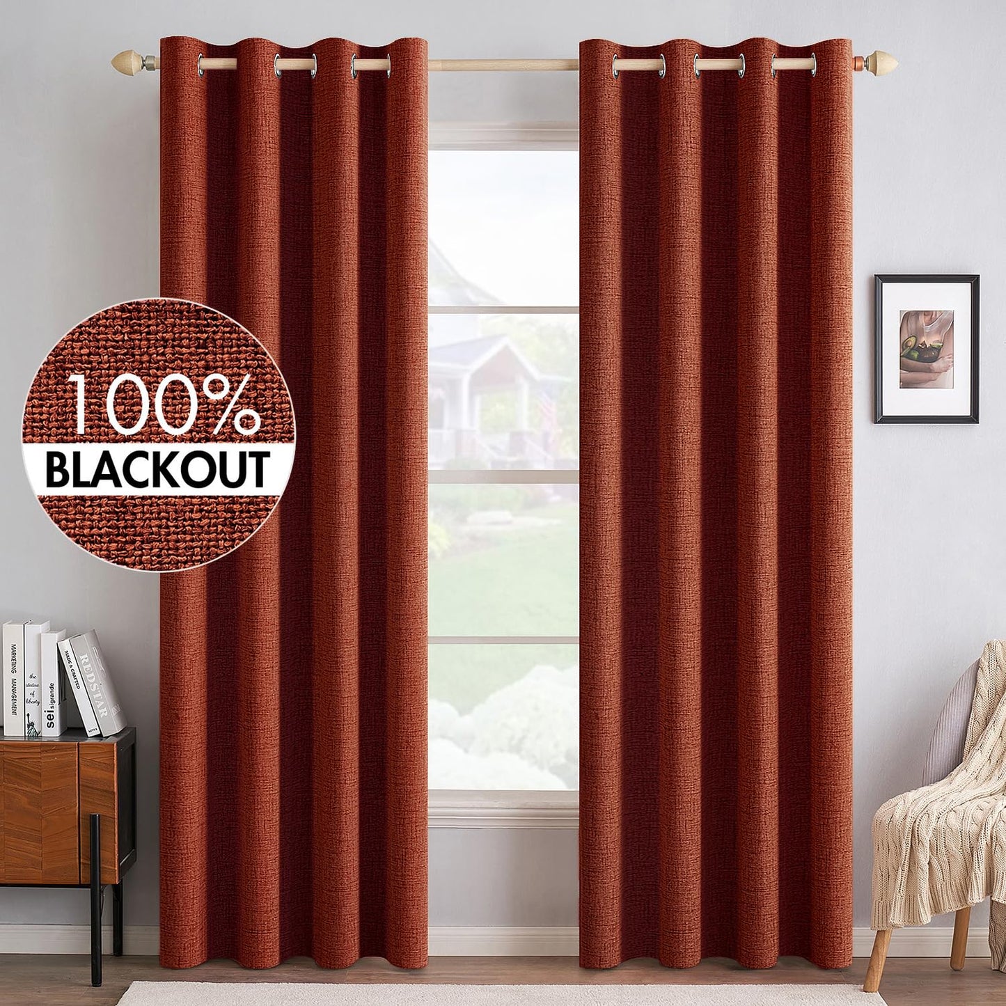MIULEE 100% Blackout Linen Textured Curtains for Bedroom Solid Thermal Insulated Natural Beige Grommet Room Darkening Curtains & Drapes Luxury Decor for Living Room Nursery 52 x 84 Inch (2 Panels)