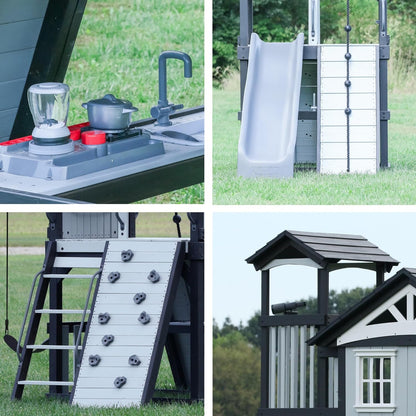 Backyard Discovery Whispering Point Light Gray Cedar Wood Swing Set with Wave Slide, Clubhouse, Crows Nest, Play Kitchen, Belt Swings, Web Swing, Rock Wall, Playhouse, Ladder, Windows, Outdoor Playset