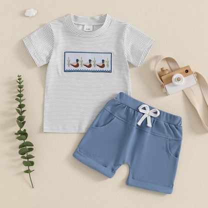 fhutpw Baby Toddler Boy Summer Clothes Embroidery Pattern Short Sleeve Tops & Casual Shorts 6 12 18 Months Outfits Sets