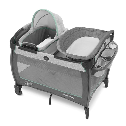 Graco On The Go Zip Pack ‘n Play Playard, Folding Playpen with Bassinet, Portable Crib, Reeves