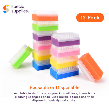 Special Supplies (6 Pack) Baby Bath Sponges Soft Foam Sensory Scrubber with Cradle Cap Bristle Brush - Body, Hair, and Scalp Cleaning - Gentle on Infant, Toddler Sensitive Skin - Great Sensory Feel