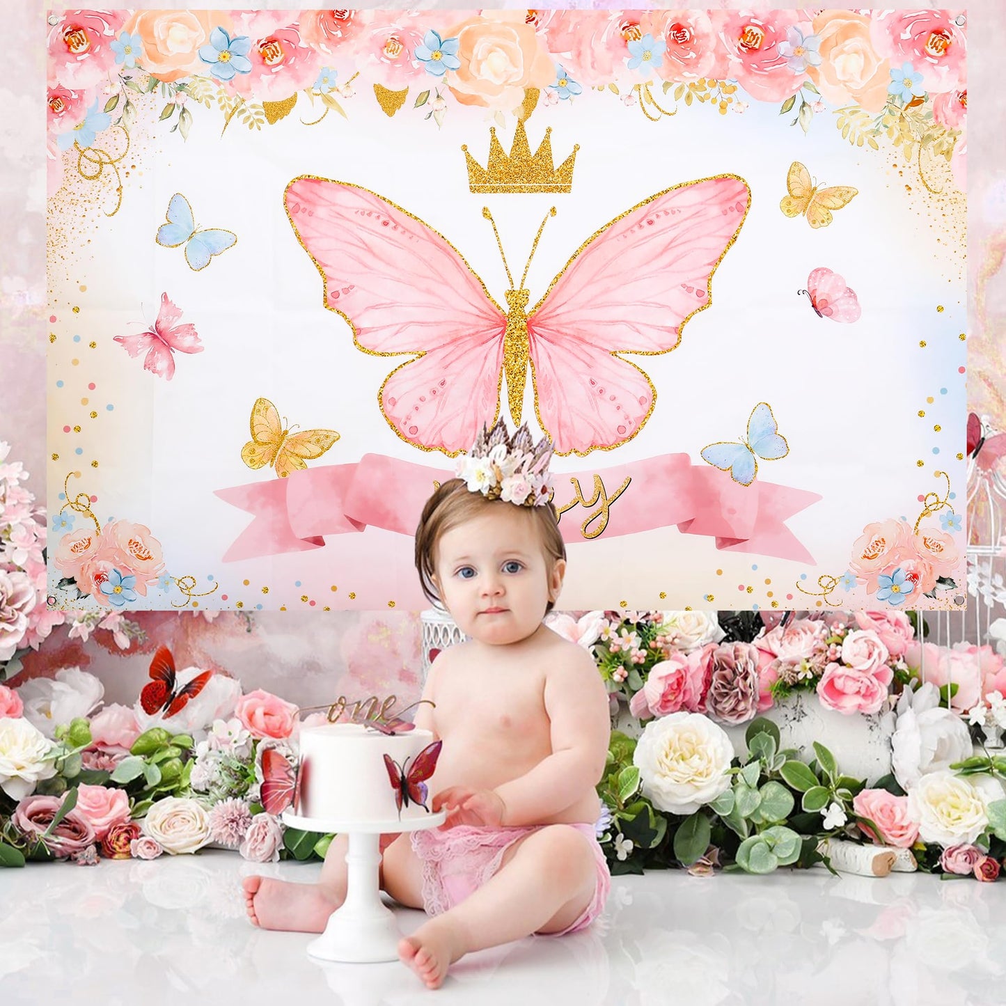 Pink Butterfly Baby Shower Decorations for Girl，Pink Balloon Garland Arch Kit，Pink Butterfly Baby Boxes and Butterfly Backdrop Kit for Baby Shower Butterfly Decorations Birthday Party Decor