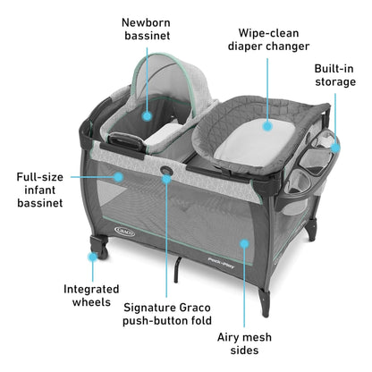 Graco On The Go Zip Pack ‘n Play Playard, Folding Playpen with Bassinet, Portable Crib, Reeves