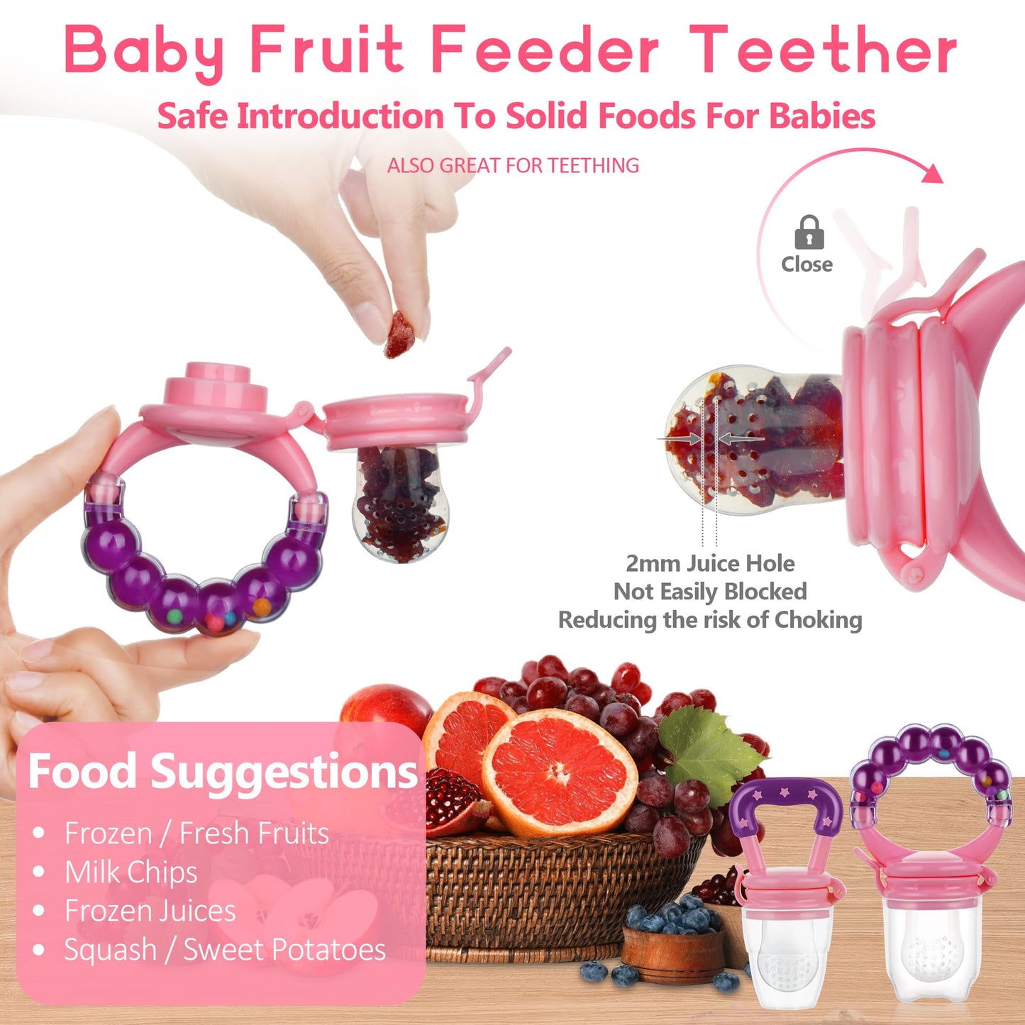 Food Feeder for Baby, Fruit Feeder Pacifier (3 Pcs) with 6 Different Sized Silicone Pacifiers 1 PCS Silicone Baby Food Dispensing Spoon 90ML with 1 PC Baby Spoons 1 PC Pacifier Clip Baby Feeding Set