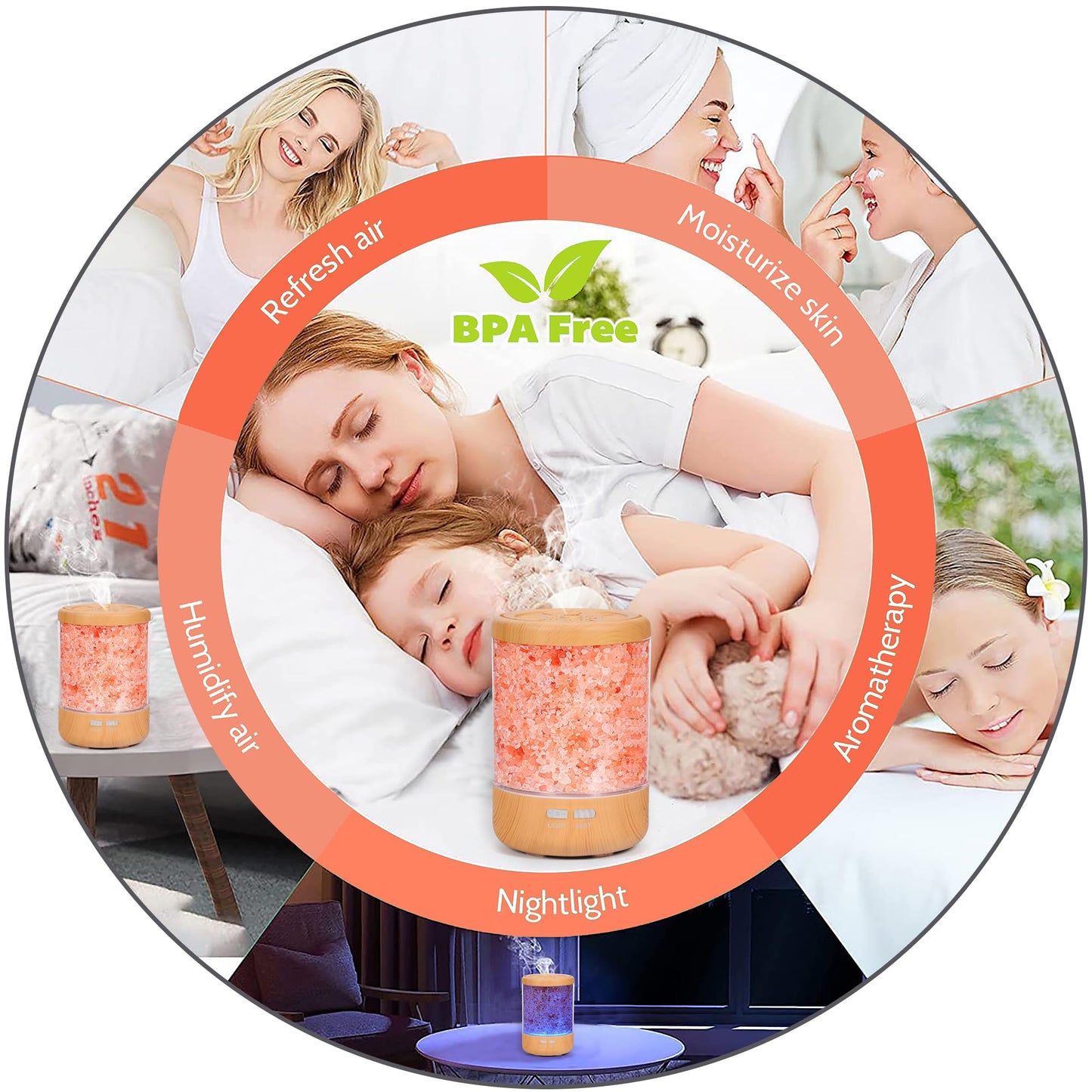 Essential Oil Diffuser Aromatherapy Diffuser - Himalayan Pink Salt Crystal Diffusers for Essential Oils with 7 Color Lights 2 Mist Mode, Reduce Noise Design for Baby Room, Yellow