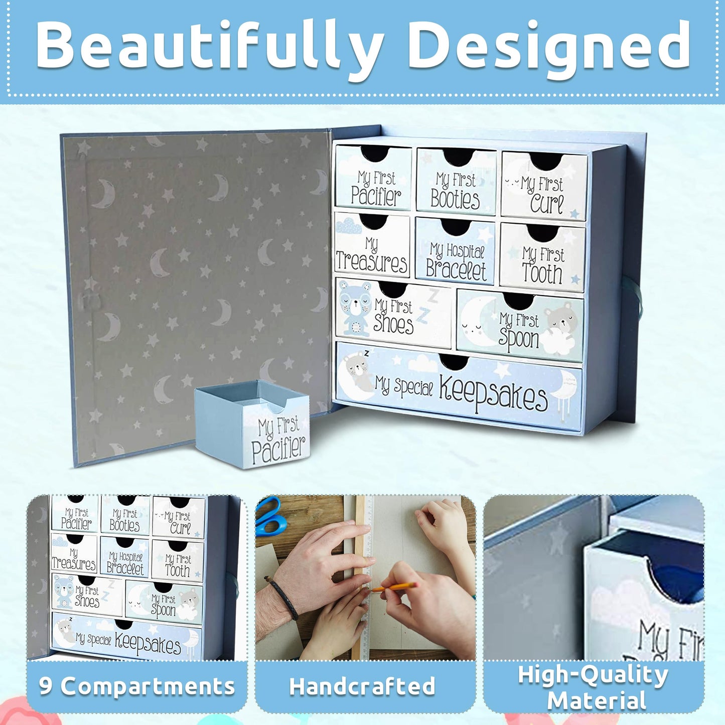 VOTUM Baby Keepsake Box for Treasured Memories, Fairytale - Lightweight, Handcrafted Baby Boxes with 9 Labeled Compartments for First Memories - Gender Neutral Baby Shower Gifts for Girls, Boys