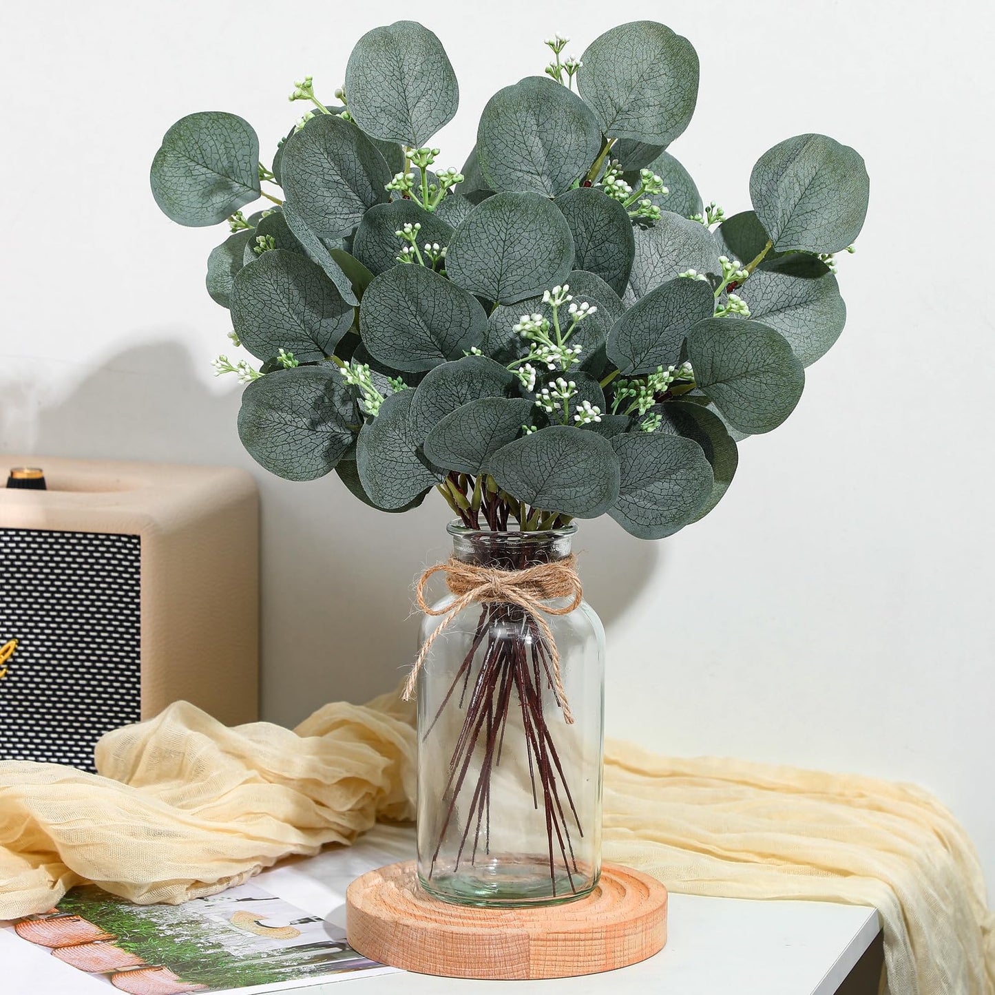 4 Pack Artificial Eucalyptus Stems in Glass Vase 15 Inch Fake Plants Eucalyptus Potted Fake Plant with Double-Sided Green Leaves for Desk,Farmhouse,Wedding,Home,Office Decor(Classical)