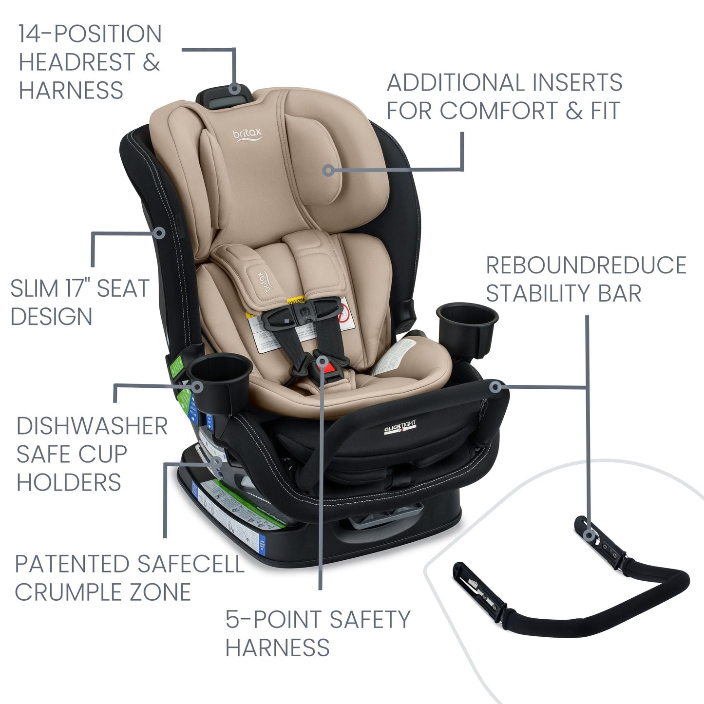 Britax Poplar S Convertible Car Seat, 2-in-1 Car Seat with Slim 17-Inch Design, ClickTight Technology, Arctic Onyx